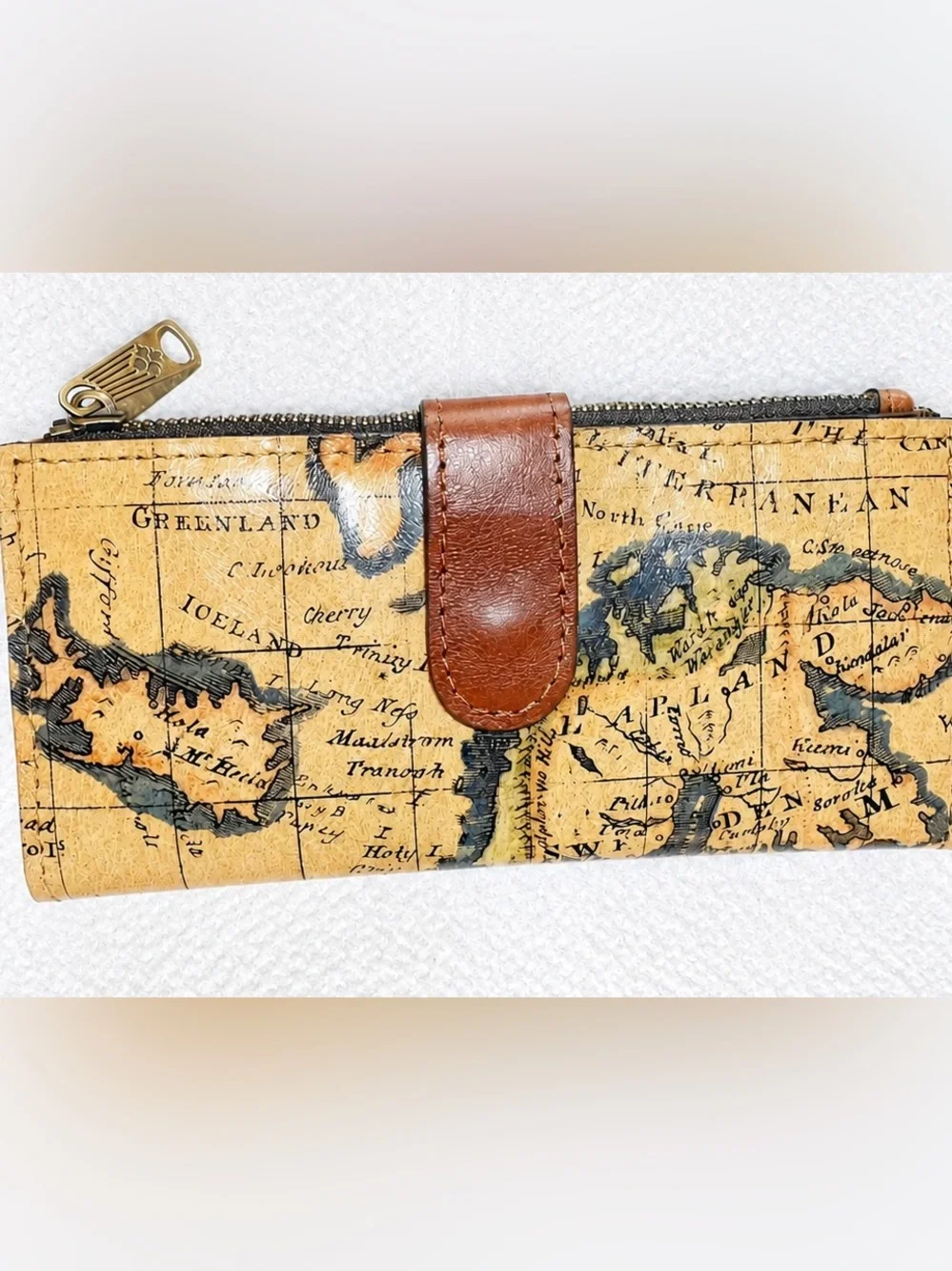 Vintage Map Print Leather-Trim woman’s Wallet - Brown
